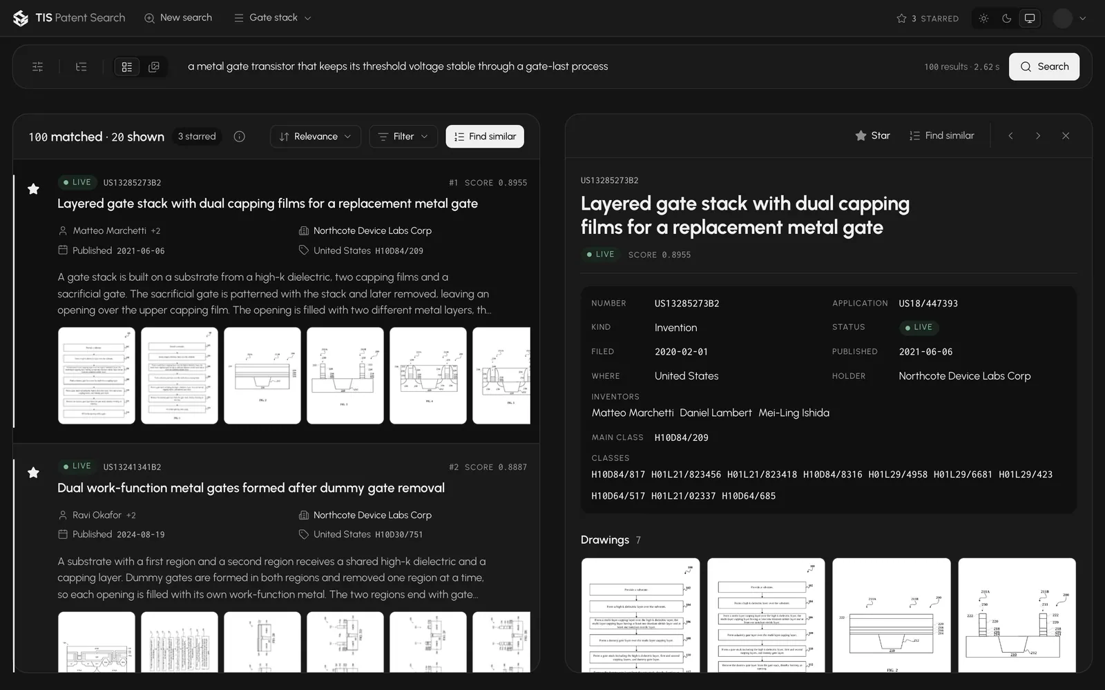 Patent Search results for a founder's sentence: ranked patents with scores and drawings on the left, one patent record open on the right