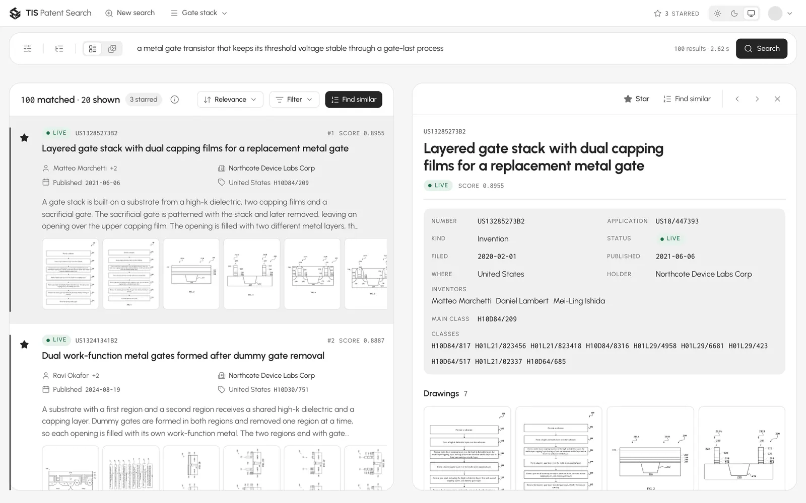 Patent Search results for a founder's sentence: ranked patents with scores and drawings on the left, one patent record open on the right