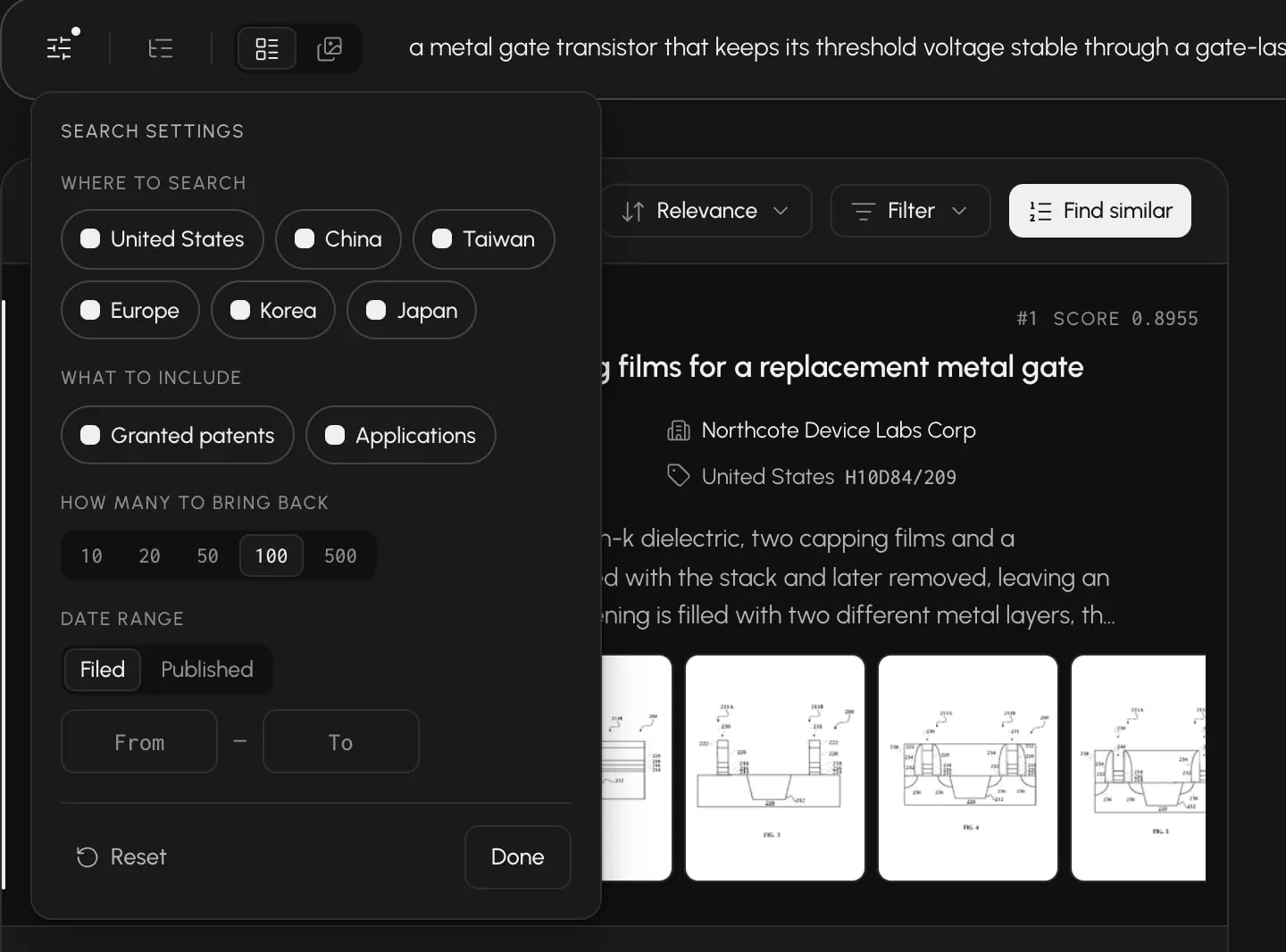 Patent Search settings: offices, granted patents and applications, how many results to bring back, and a filing or publication date range