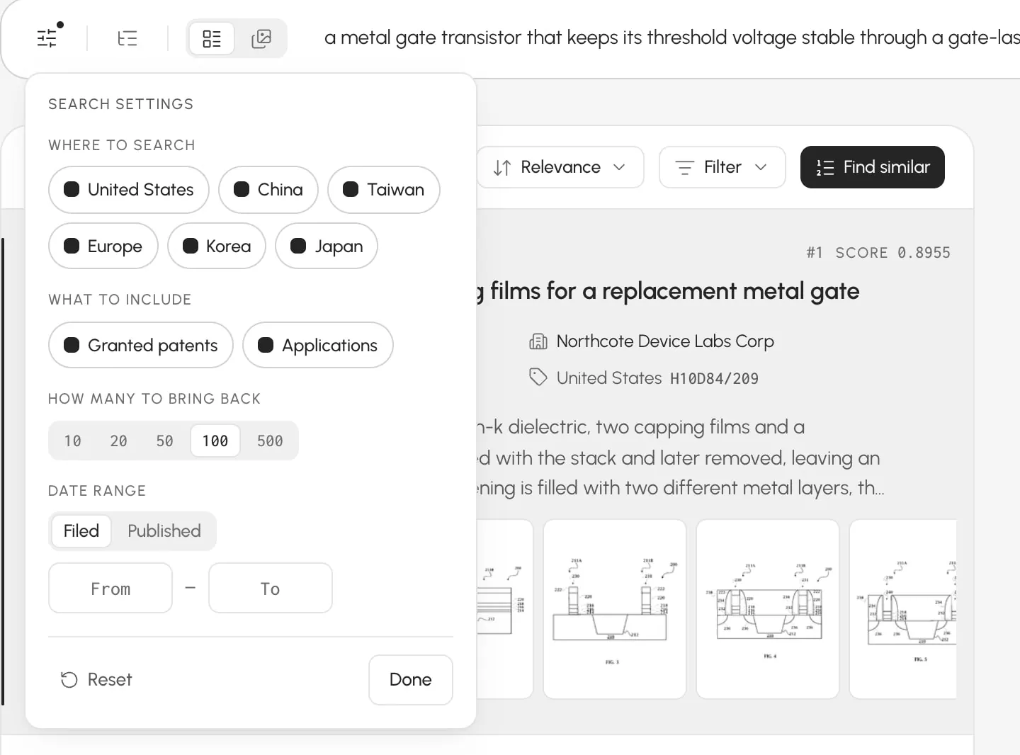Patent Search settings: offices, granted patents and applications, how many results to bring back, and a filing or publication date range