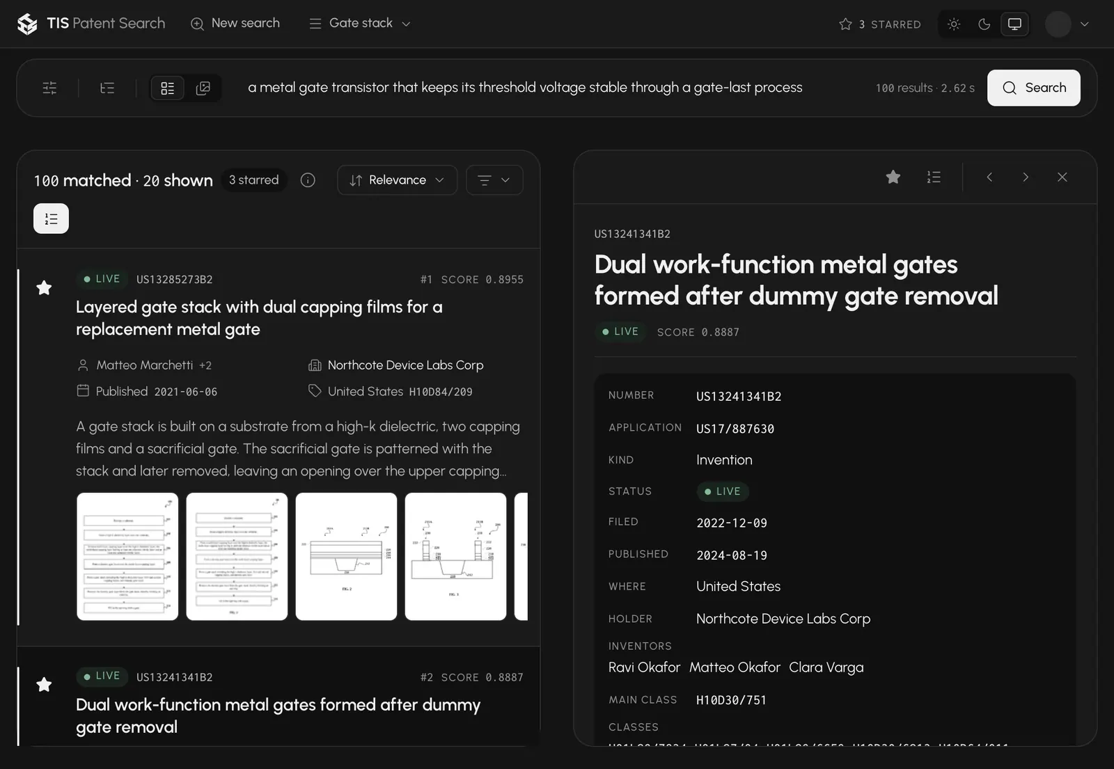 Patent Search with the results list on the left and a patent record open on the right: number, status, holder and inventors