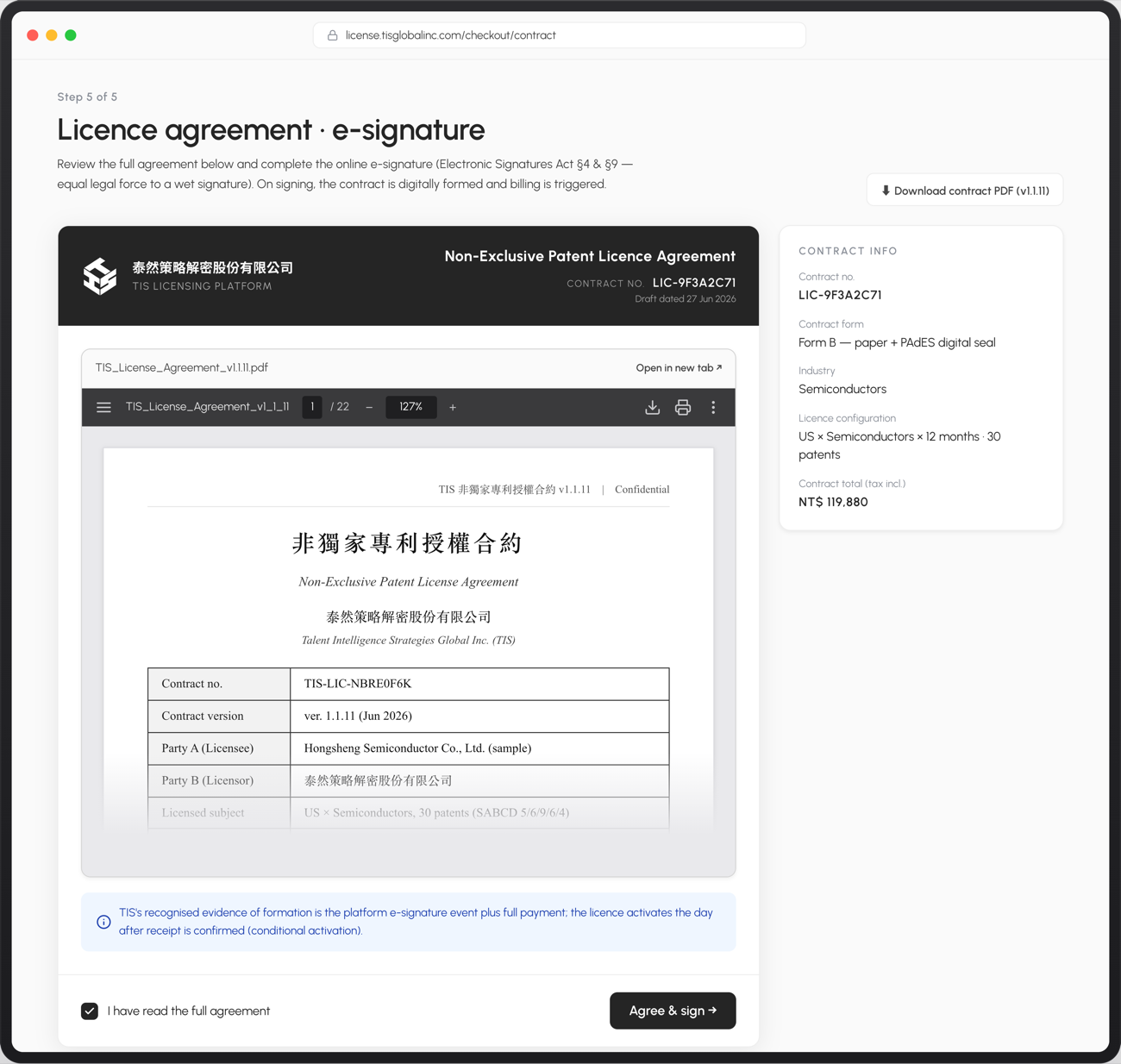 Licensing Platform, Step 5 — e-sign a real, institution-backed licence contract.
